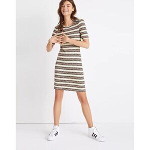 Madewell Ribbed Lawton Striped Short Sleeve Mini Dress Off-White & Navy Blue XXS